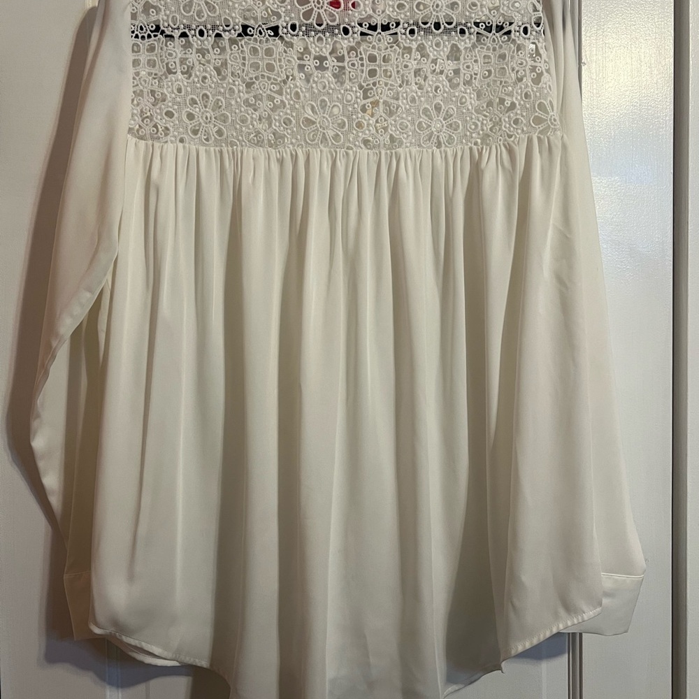 #70 CATHERINE MALANDRINO WHITE LACE YOKE BLOUSE BOHO PEASANT TOP SIZE LARGE - Picture 4 of 10